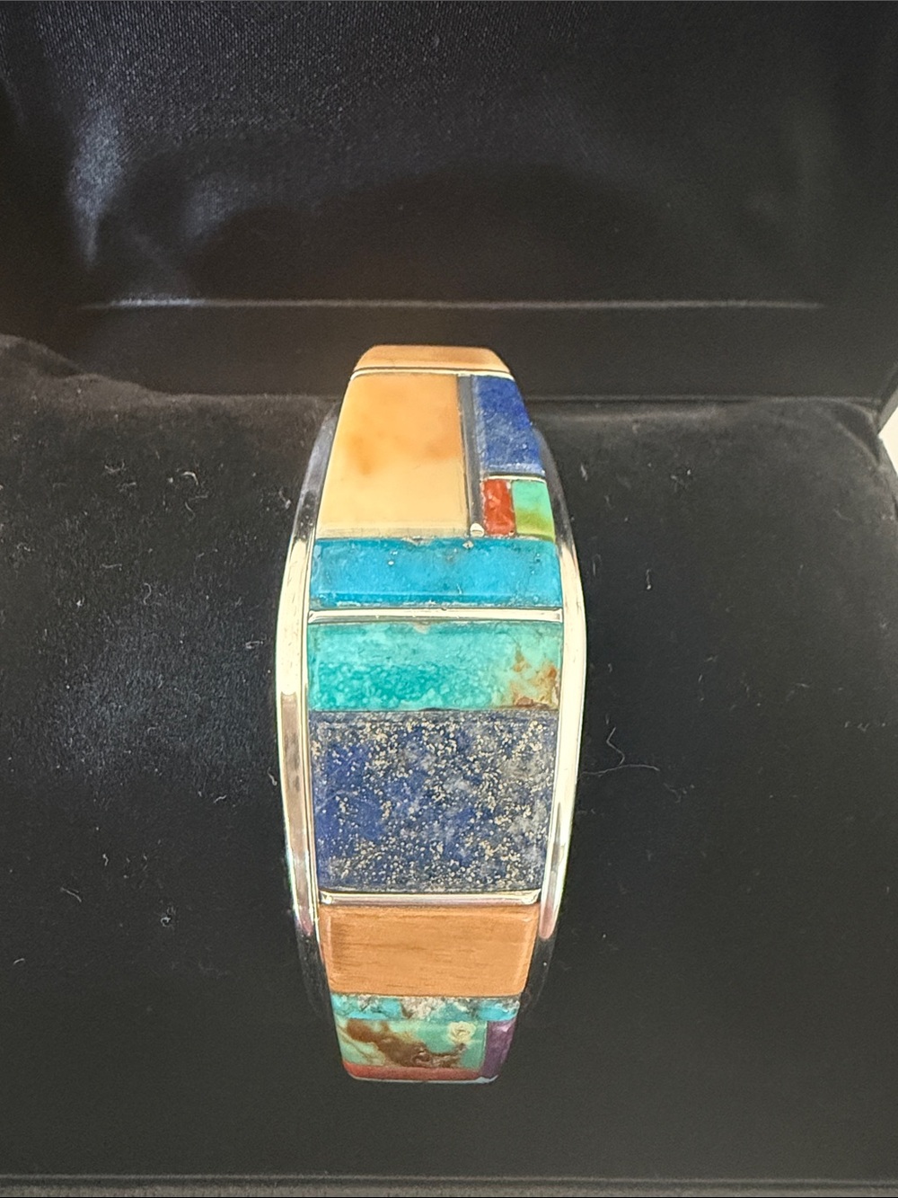 Marlin Honhongva Sterling Cuff Bracelet Contemporary Multi-Cobble Stone Inlays - Picture 3 of 12